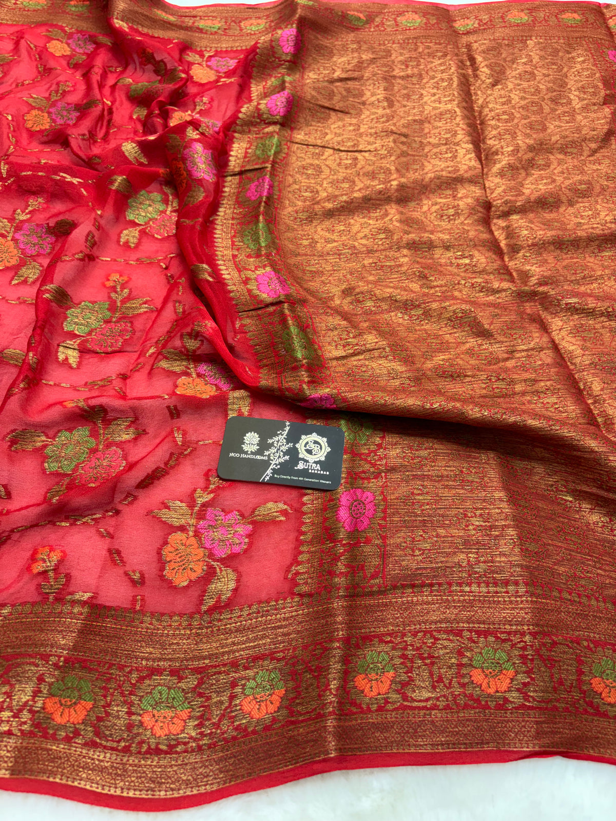 Regal Red Pure Khaddi Chiffon Silk Banarasi Saree - Meenakari Jaal
