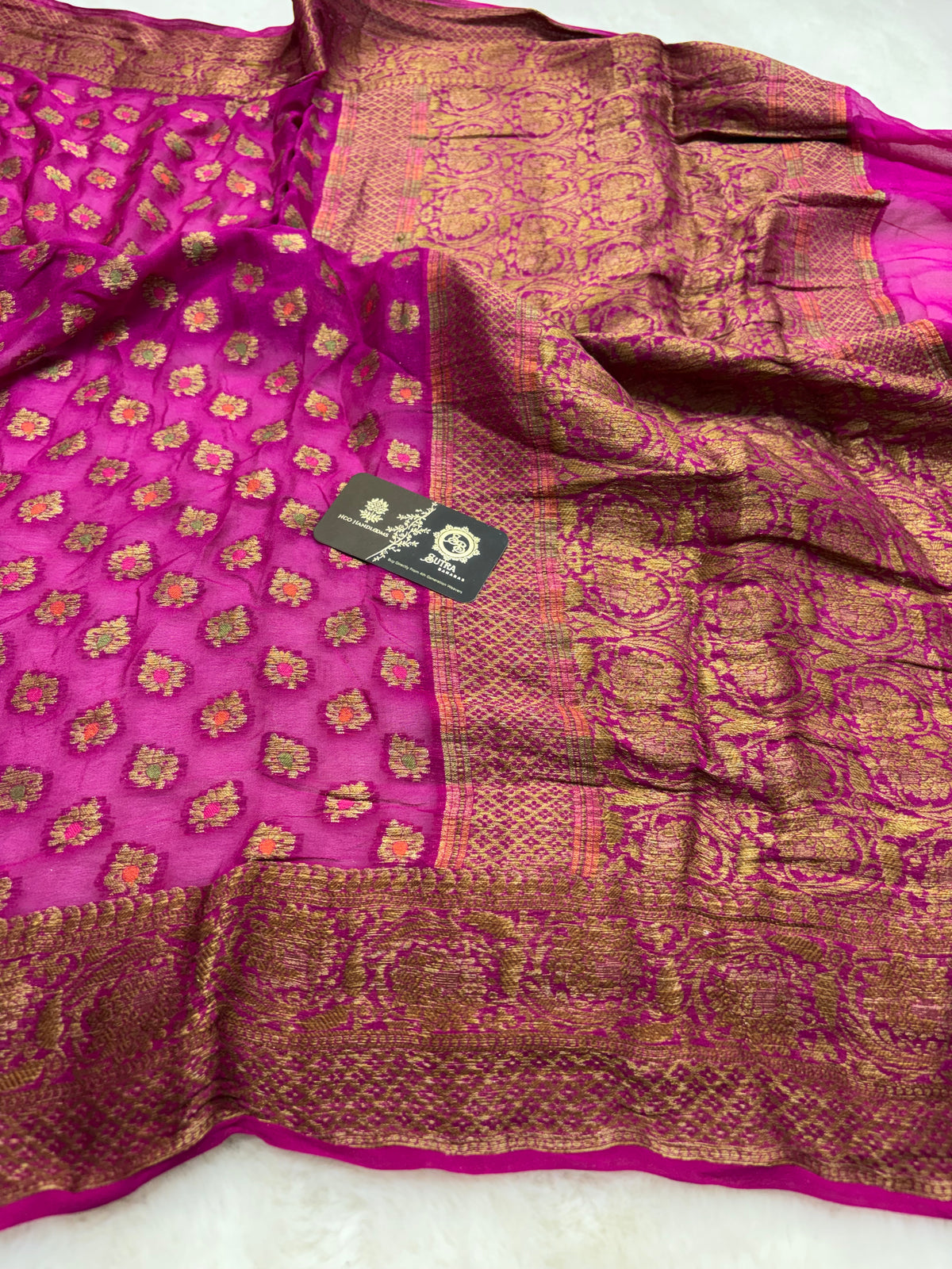 Rani Pink Pure Khaddi Chiffon Silk Banarasi Saree - All Over Motifs