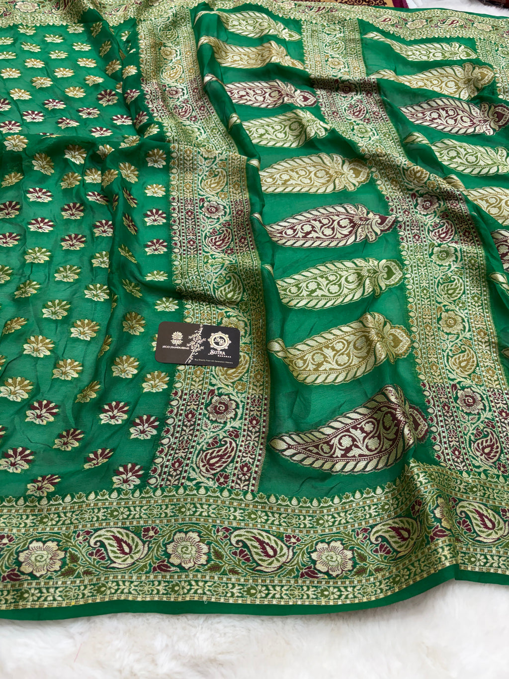 Regal Green Pure Khaddi Chiffon Silk Banarasi Saree - All Over Motifs