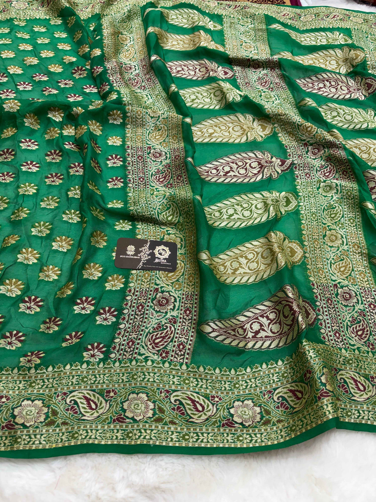 Regal Green Pure Khaddi Chiffon Silk Banarasi Saree - All Over Motifs
