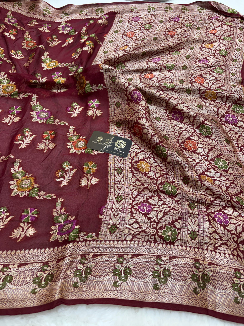 Maroon Pure Khaddi Chiffon Silk Banarasi Saree - Floral Motifs