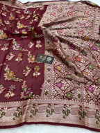 Maroon Pure Khaddi Chiffon Silk Banarasi Saree - Floral Motifs