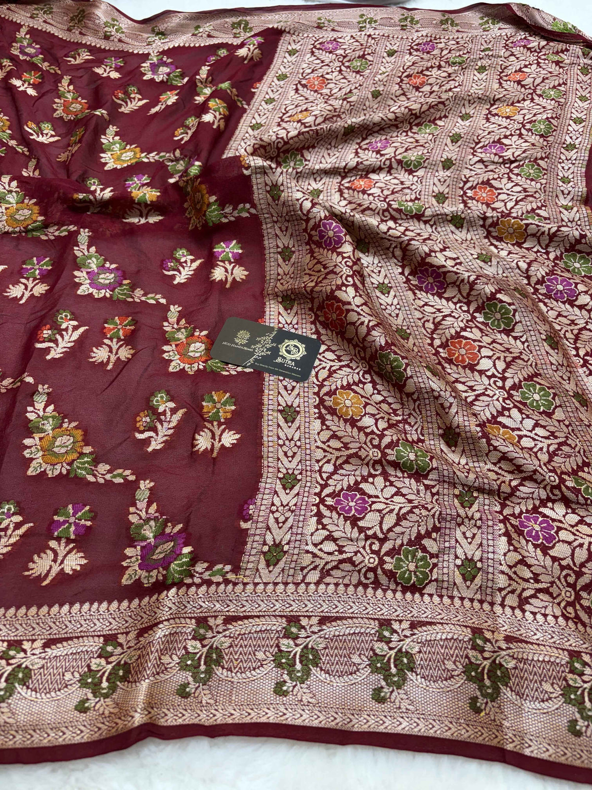 Maroon Pure Khaddi Chiffon Silk Banarasi Saree - Floral Motifs