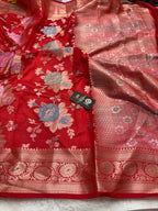 Red Pure Chiniya Silk Handloom Banarasi Saree - All Over Meenakari Motifs