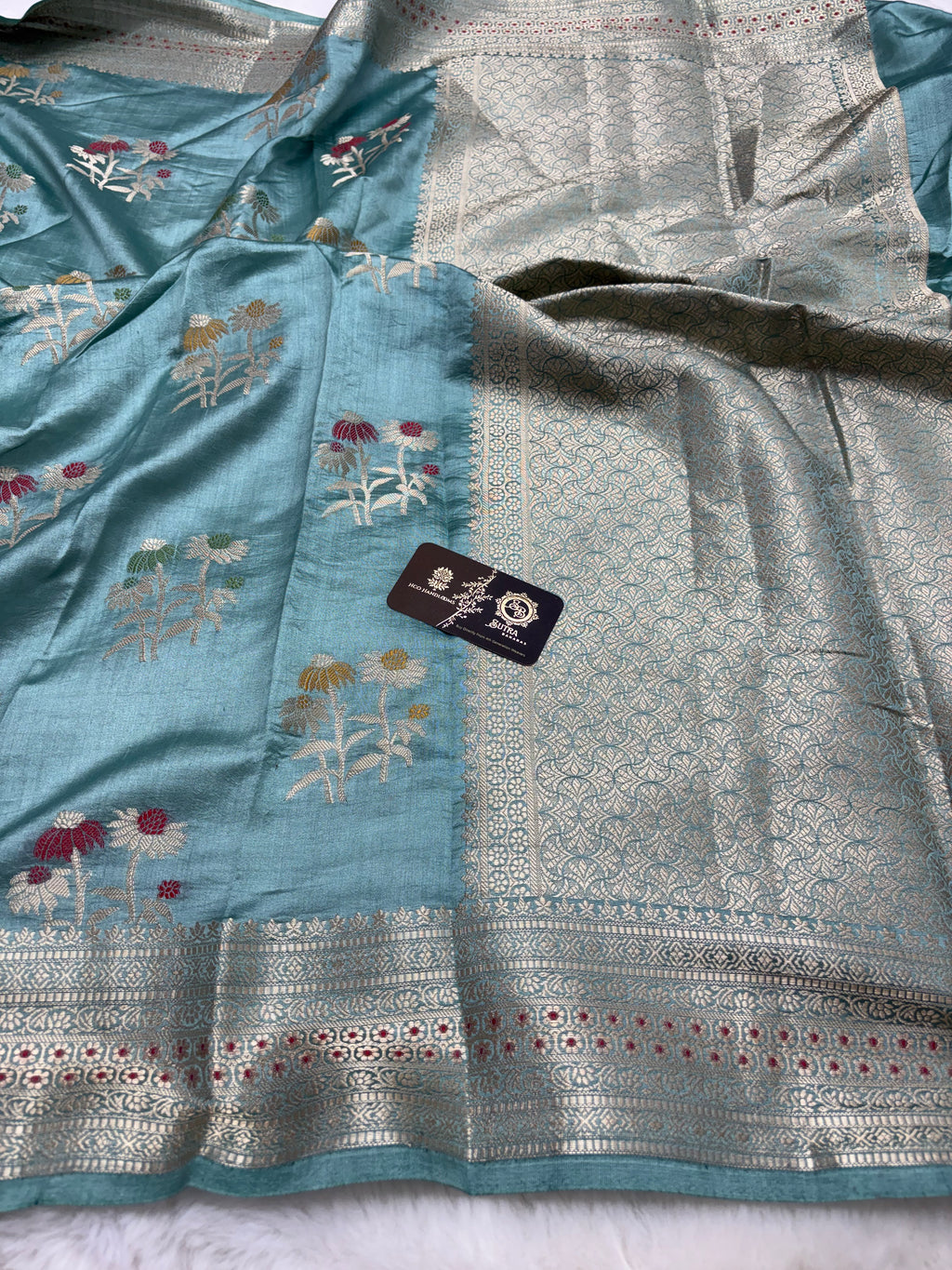 Light Blue Pure Chiniya Silk Handloom Banarasi Saree - All Over Meenakari Motifs