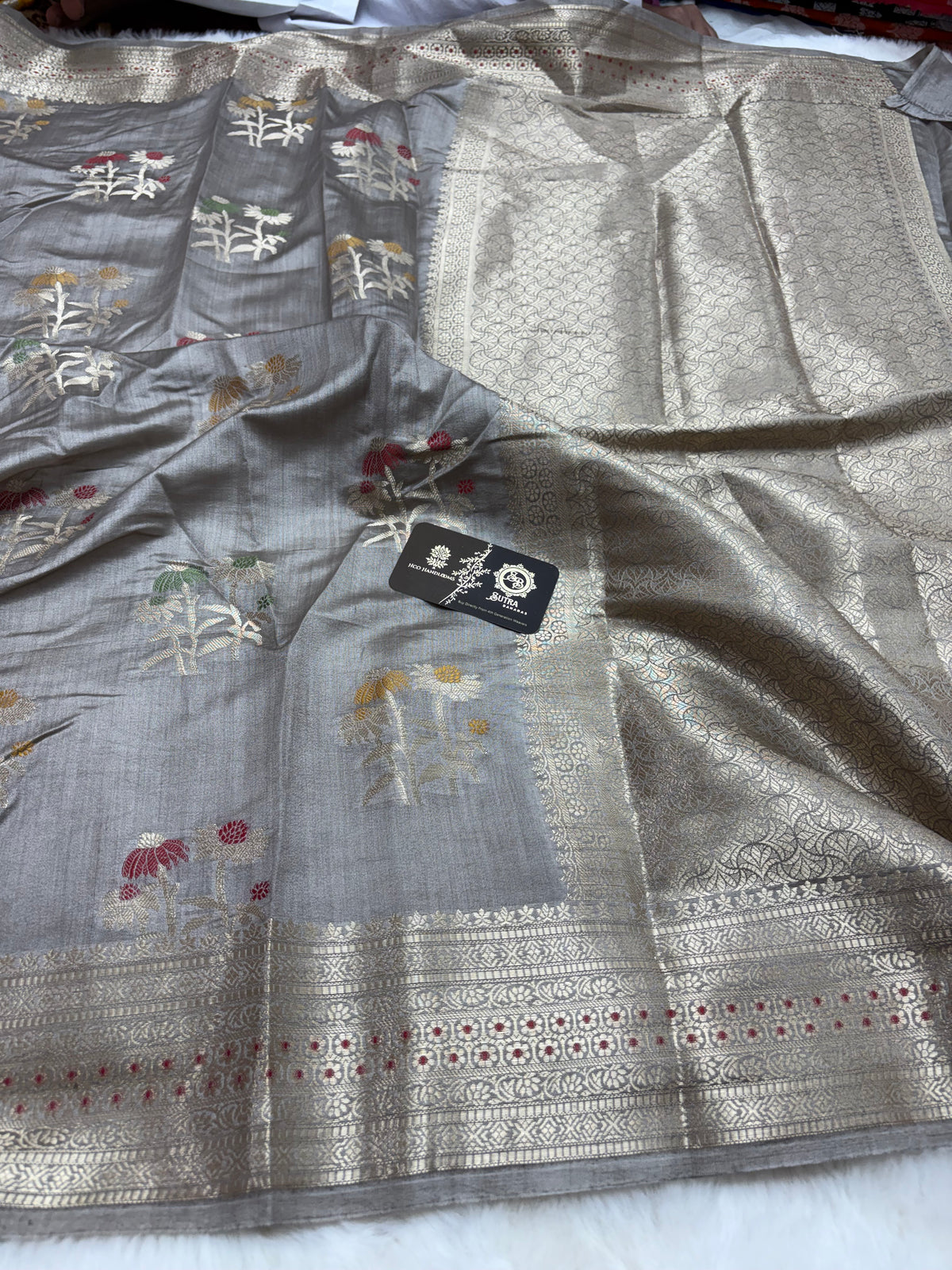 Gray Pure Chiniya Silk Handloom Banarasi Saree - All Over Meenakari Motifs