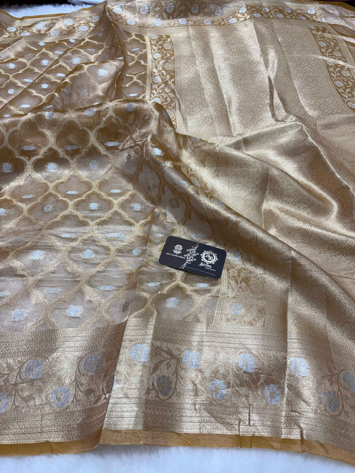 Gold Pure Tissue Silk Handloom Banarasi Saree - Jaal Motifs