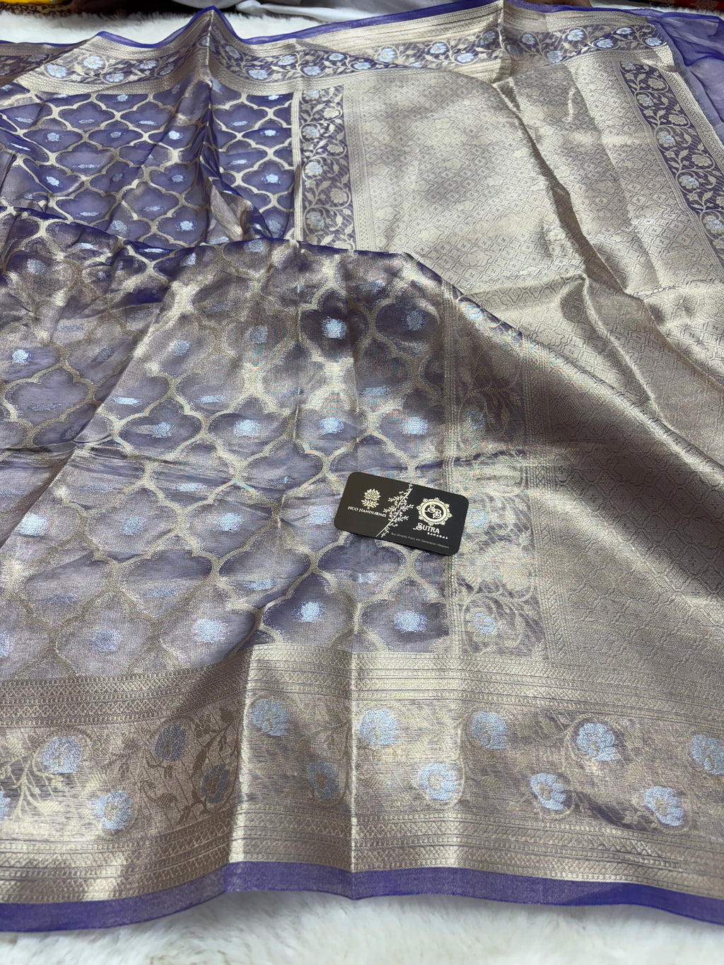 Purple Pure Tissue Silk Handloom Banarasi Saree - Jaal Motifs