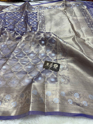 Purple Pure Tissue Silk Handloom Banarasi Saree - Jaal Motifs