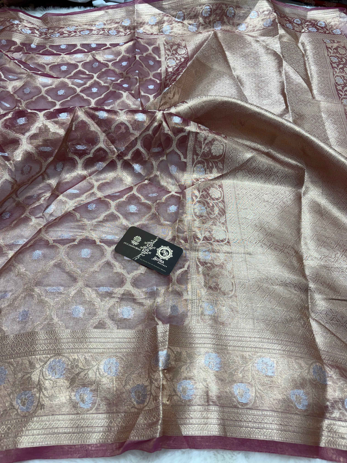 Copper Pure Tissue Silk Handloom Banarasi Saree - Jaal Motifs