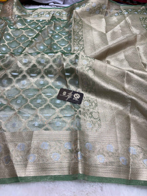 Green Pure Tissue Silk Handloom Banarasi Saree - Jaal Motifs