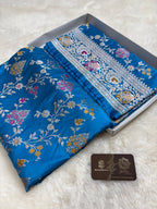 Regal Blue Premium Mashru Katan Silk Banarasi Saree - All Over Meenakari Jangla