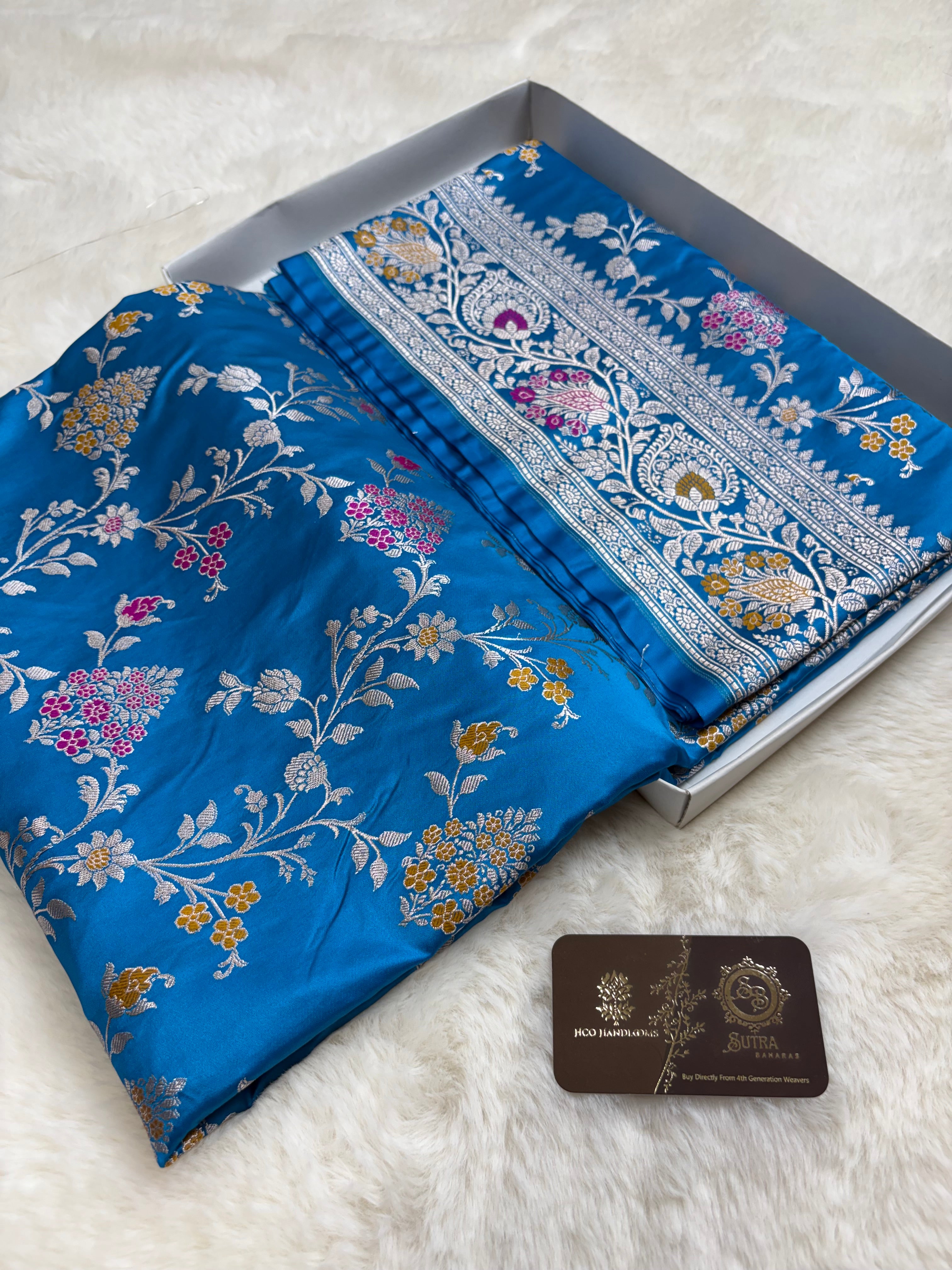 Regal Blue Premium Mashru Katan Silk Banarasi Saree - All Over Meenakari Jangla