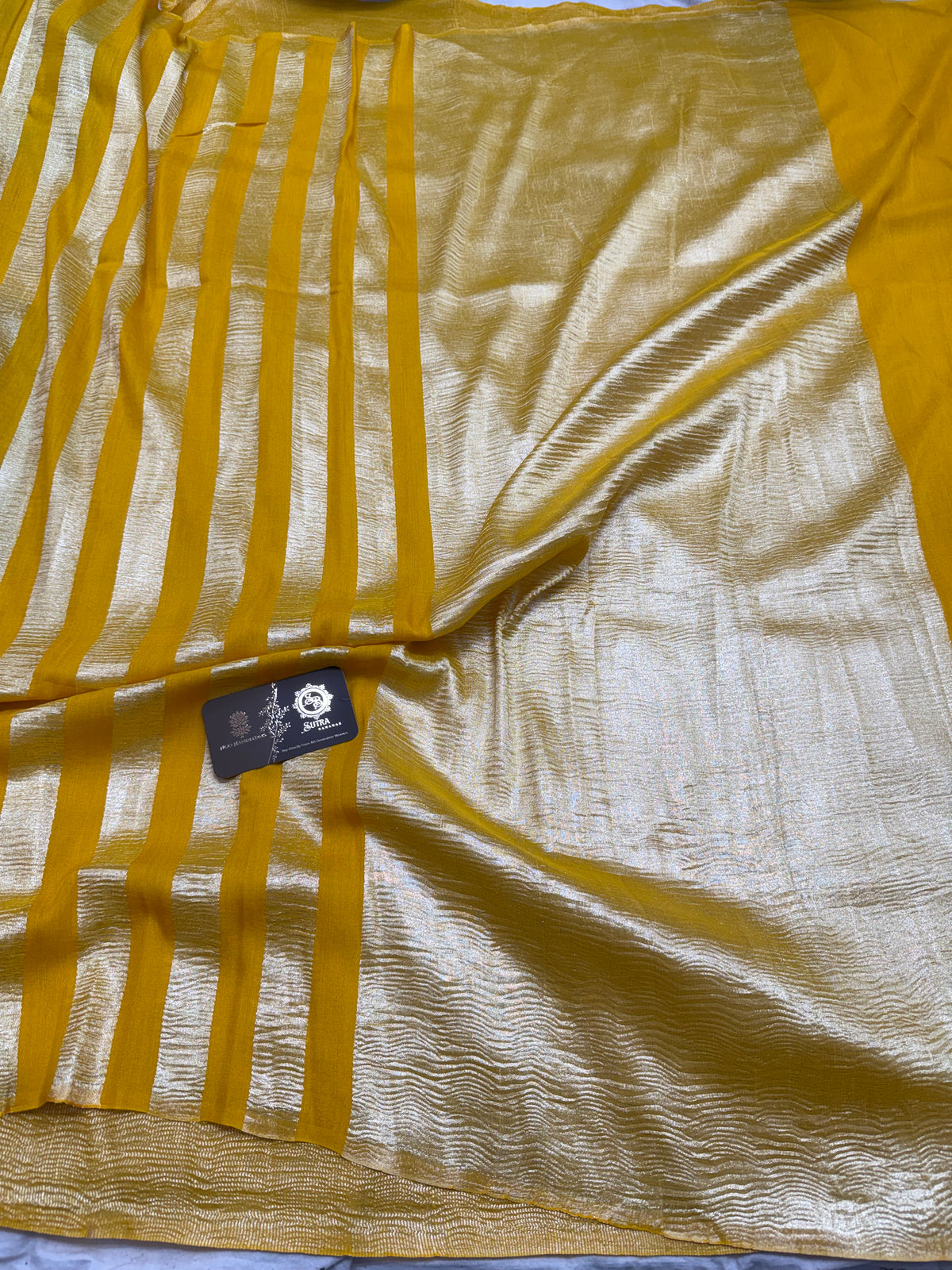 Yellow Pure Moonga Silk Handloom Banarasi Saree - All Over Stripes
