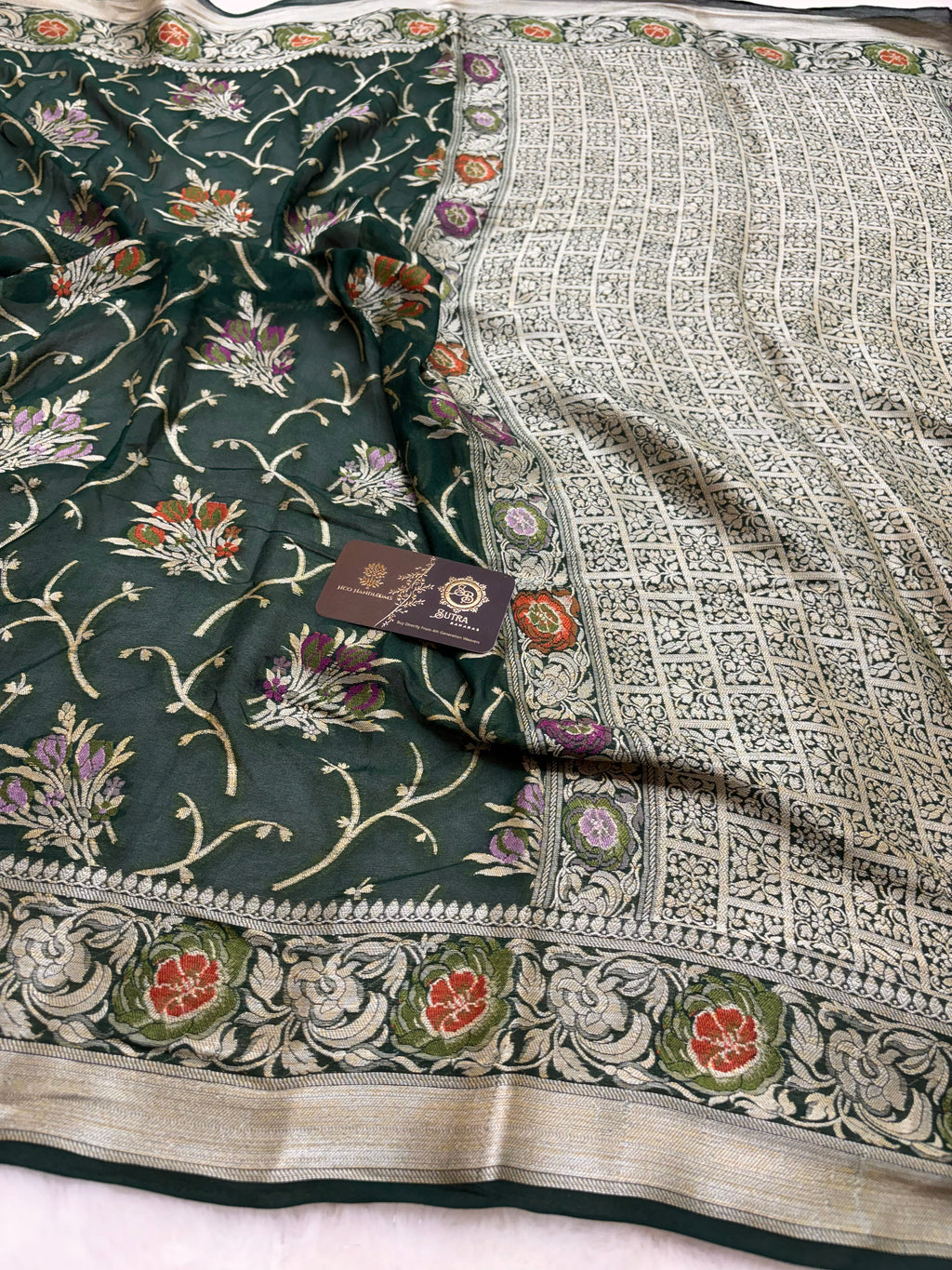 Green Pure Khaddi Chiffon Silk Banarasi Saree - Floral Vines Motifs