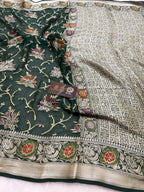 Green Pure Khaddi Chiffon Silk Banarasi Saree - Floral Vines Motifs