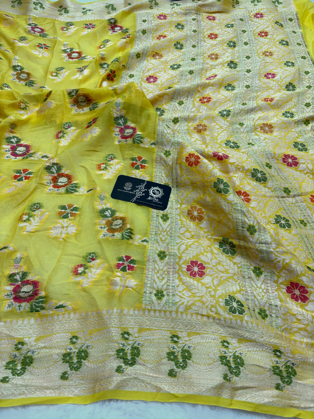 Yellow Pure Khaddi Chiffon Silk Banarasi Saree - Floral Motifs