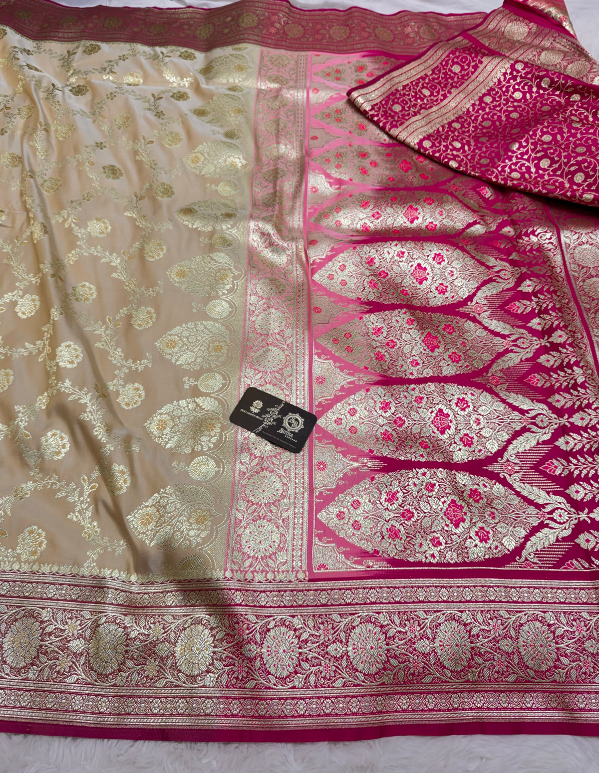 Ivory Mashru katan Satin Silk Banarasi Saree - Meenakari Jaal
