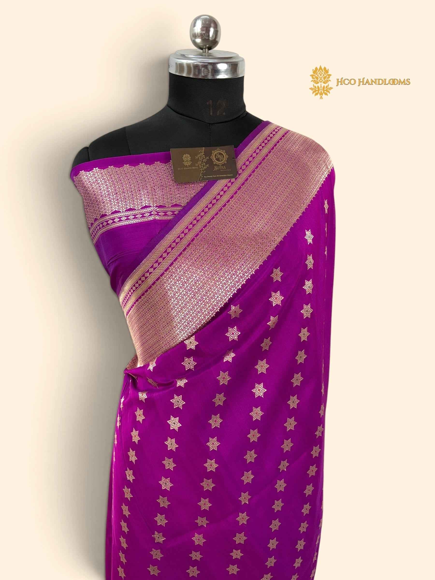 Regal Purple Pure Crepe Katan Silk Handloom Banarasi Saree - All Over Kadhua Motifs
