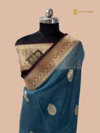 Light Blue & Wine Contrast Pure Kora Silk Handloom Banarasi Saree - All Over Kadua Motifs