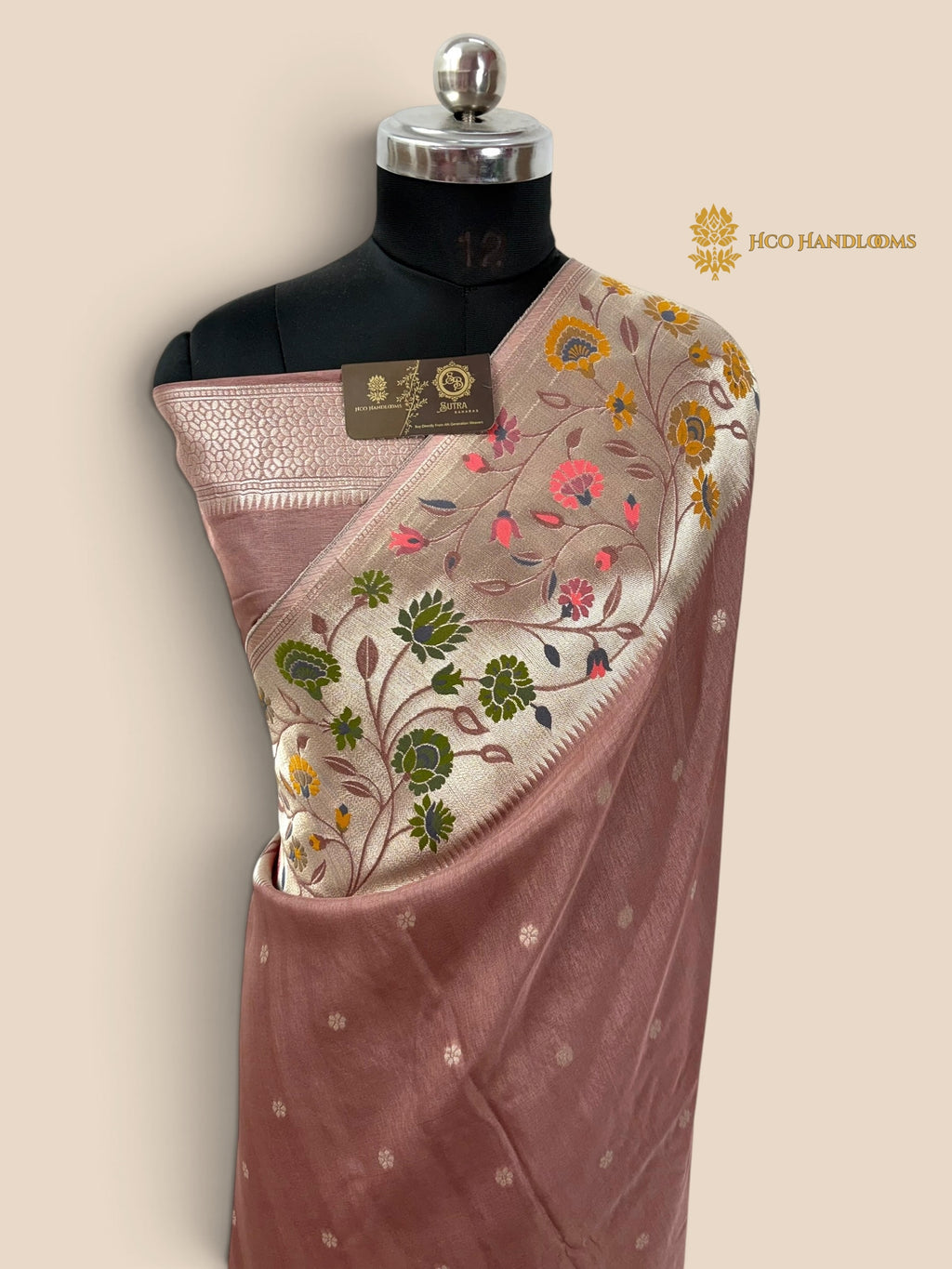 Pastel Wine Matka Tussar Silk Banarasi Saree - All Over Motifs & Paithani
