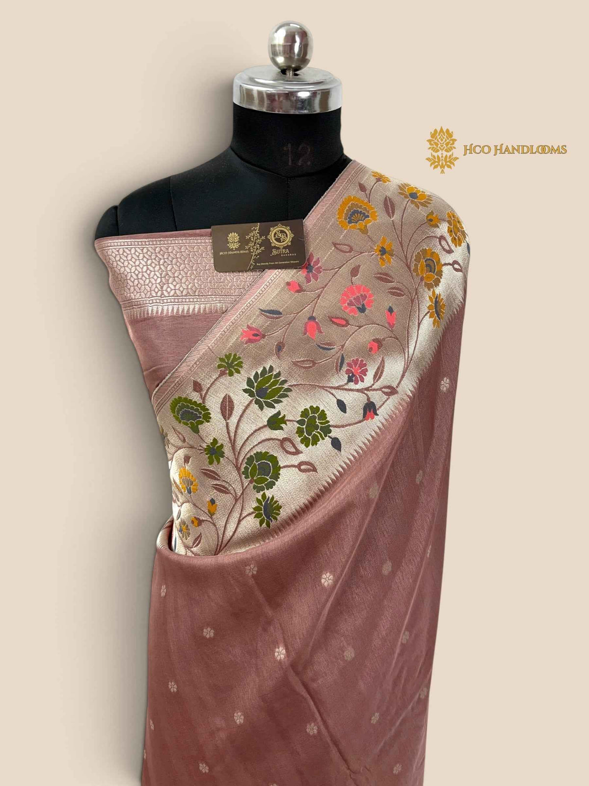 Pastel Wine Matka Tussar Silk Banarasi Saree - All Over Motifs & Paithani