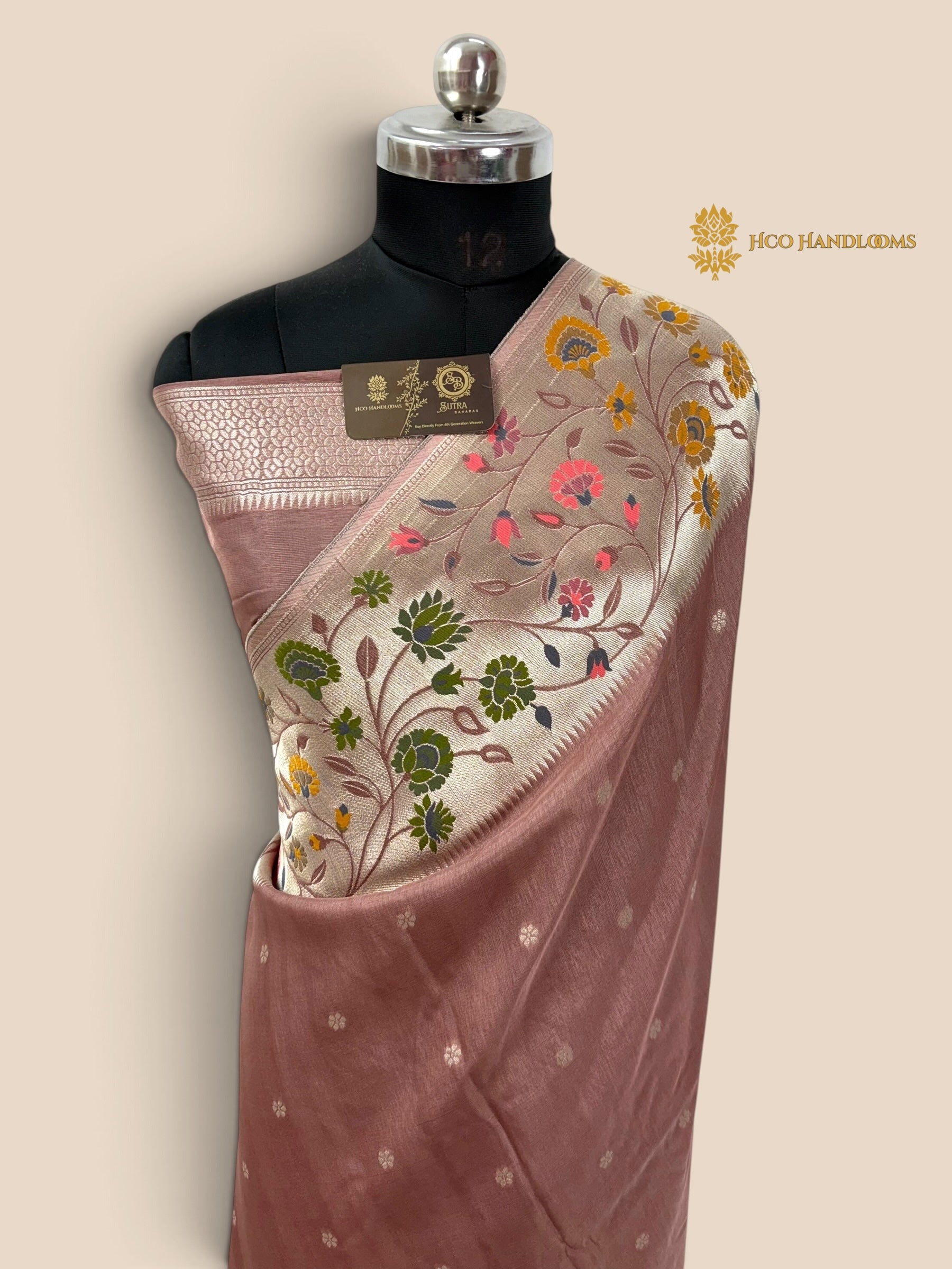 Pastel Wine Matka Tussar Silk Banarasi Saree - All Over Motifs & Paithani