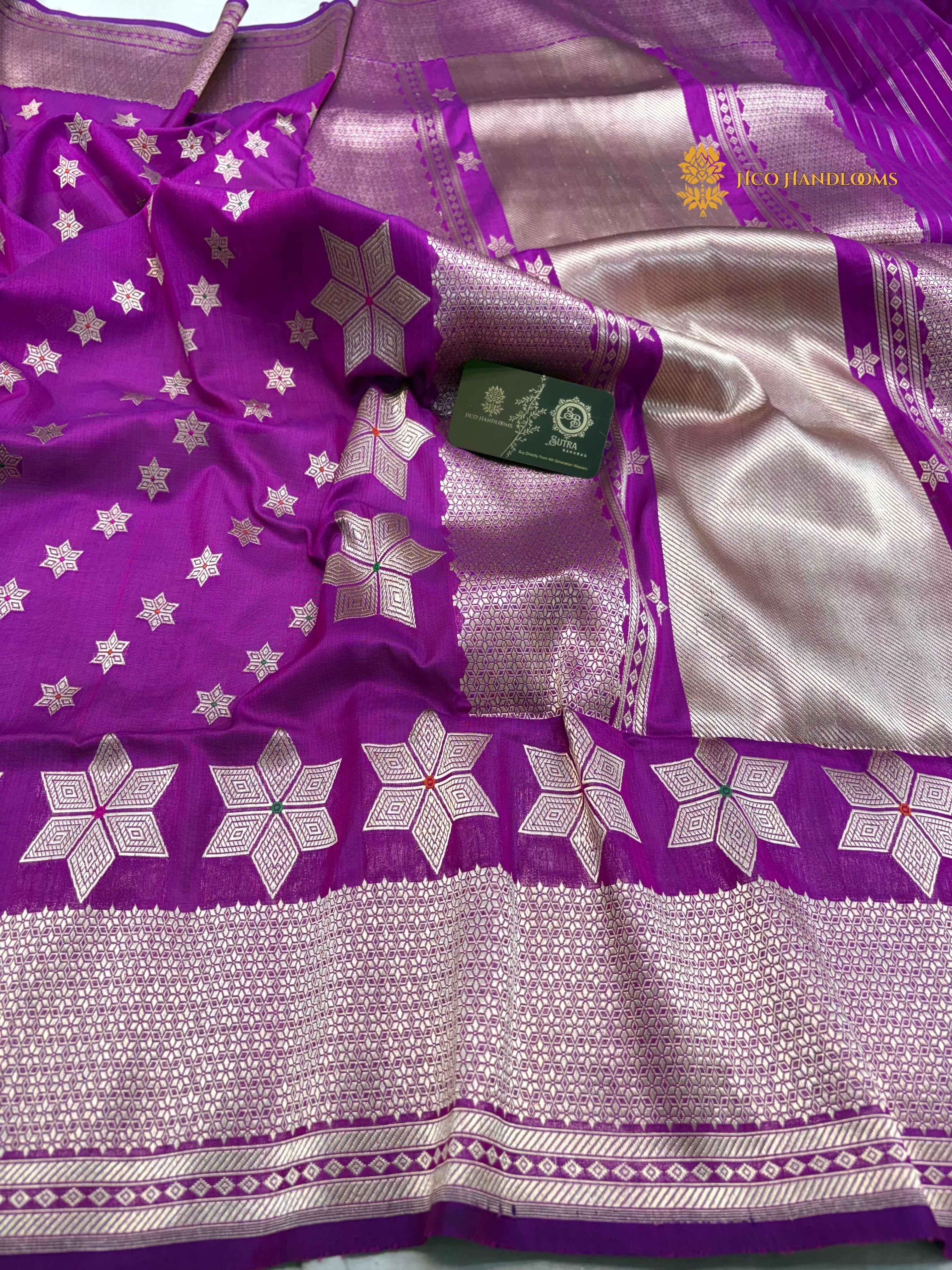 Regal Purple Pure Crepe Katan Silk Handloom Banarasi Saree - All Over Kadhua Motifs