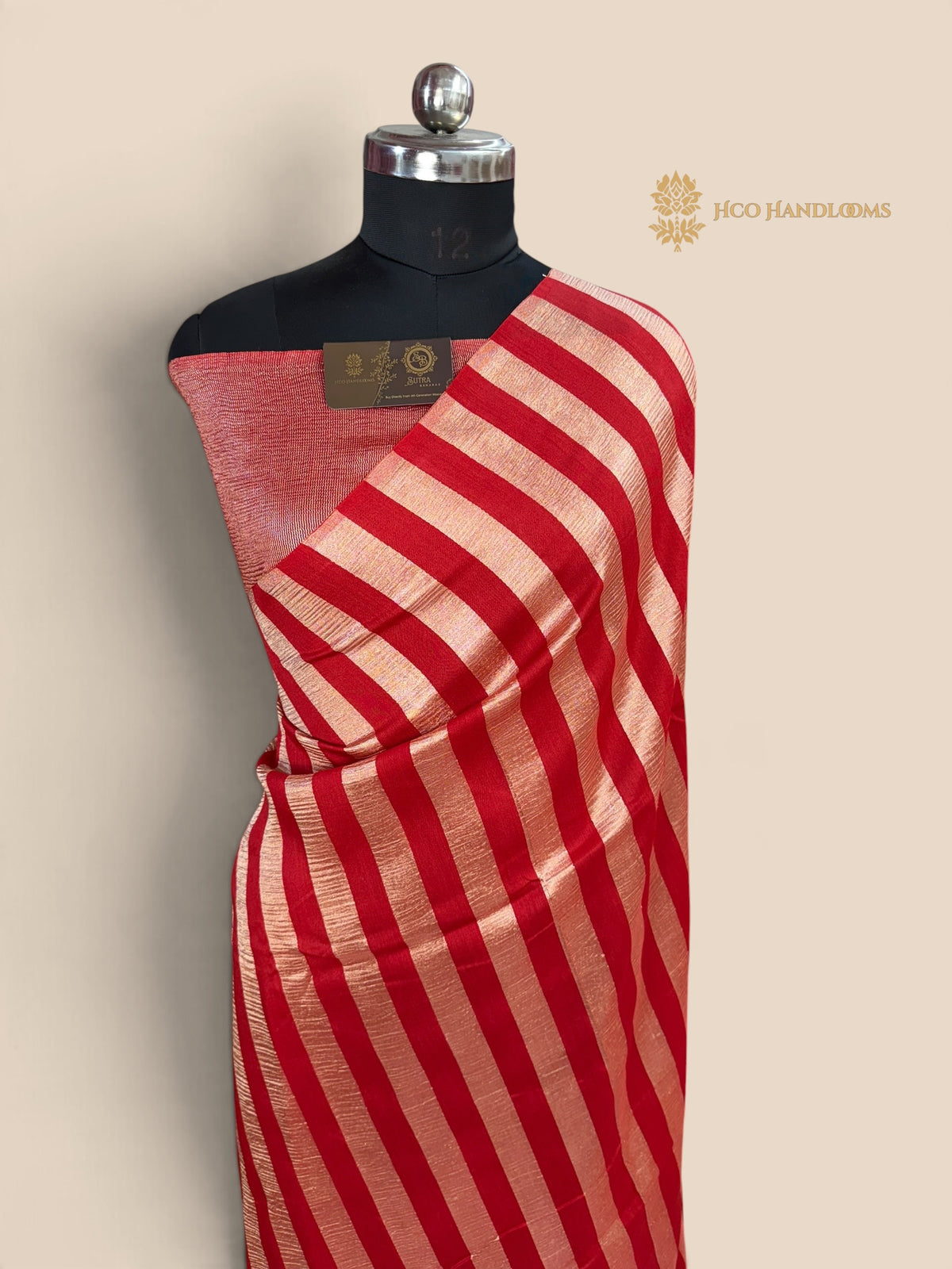 Red Pure Moonga Silk Handloom Banarasi Saree - All Over Stripes