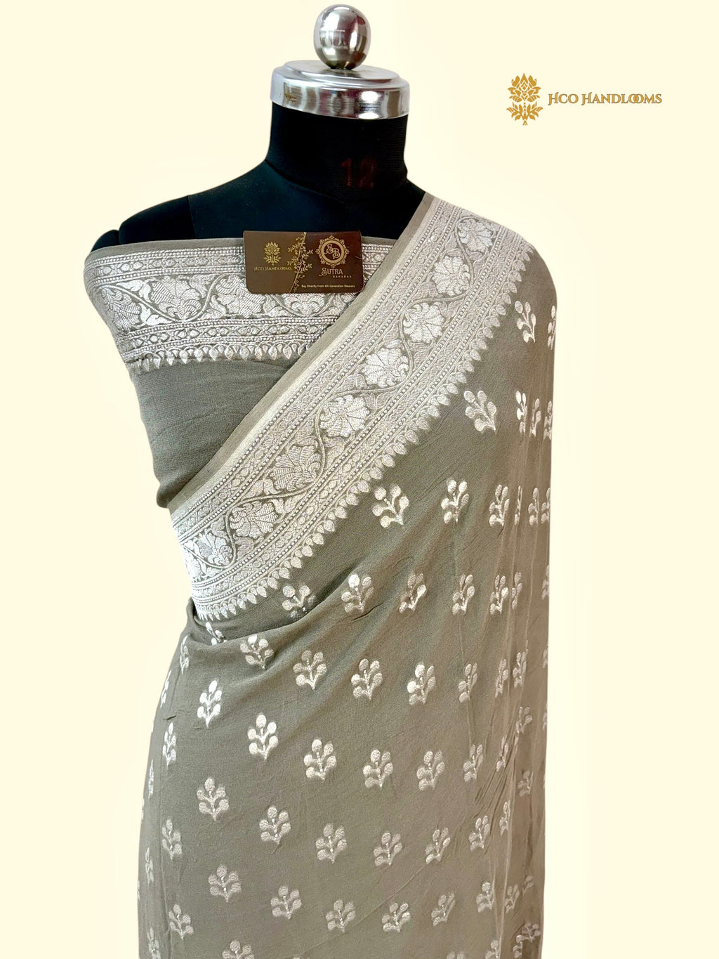 Gray Pure Khaddi Georgette Silk Handloom Banarasi Saree
