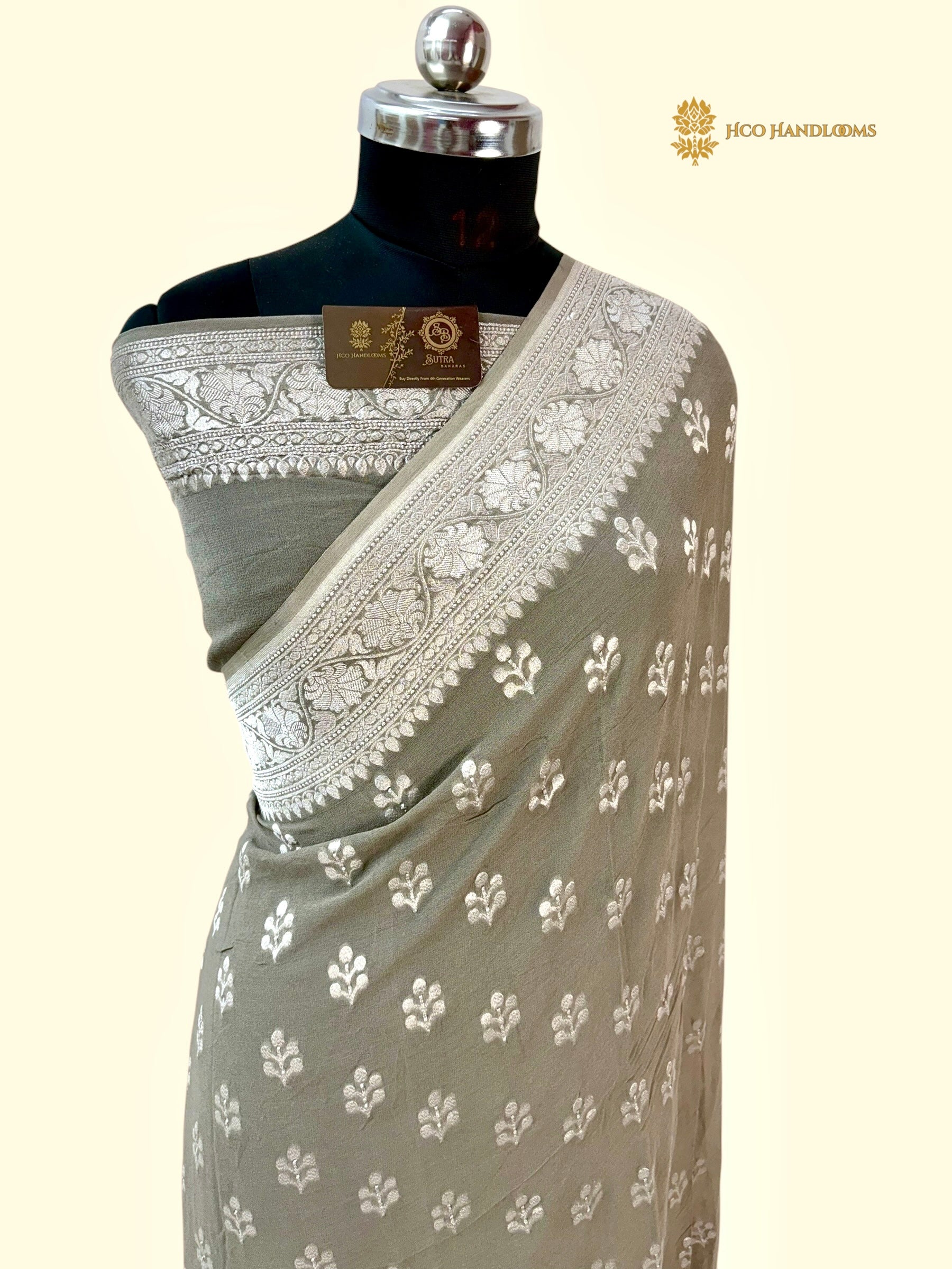 Gray Pure Khaddi Georgette Silk Handloom Banarasi Saree