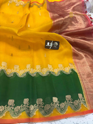 Tri Colour Pure Kora Silk Handloom Banarasi Saree - All Over Kadhua Motifs & Skirt Border
