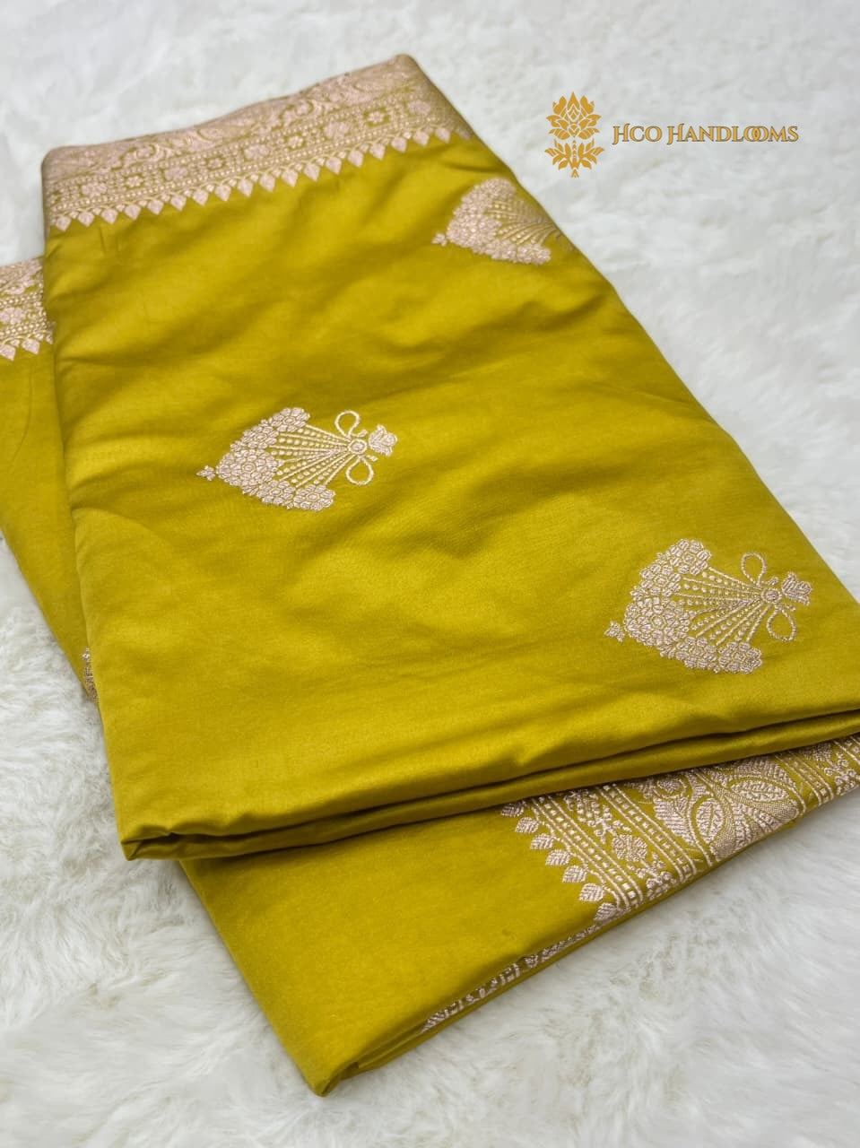 Mustard Green Premium Mashru Katan Silk Banarasi Saree - All Over Motifs