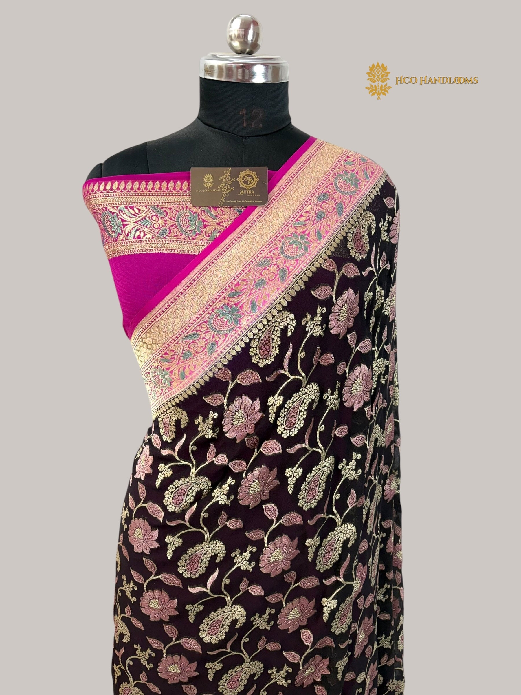 Black Contrast Pure Khaddi Georgette Silk Meenakari Handloom Banarasi Saree - Water Zari