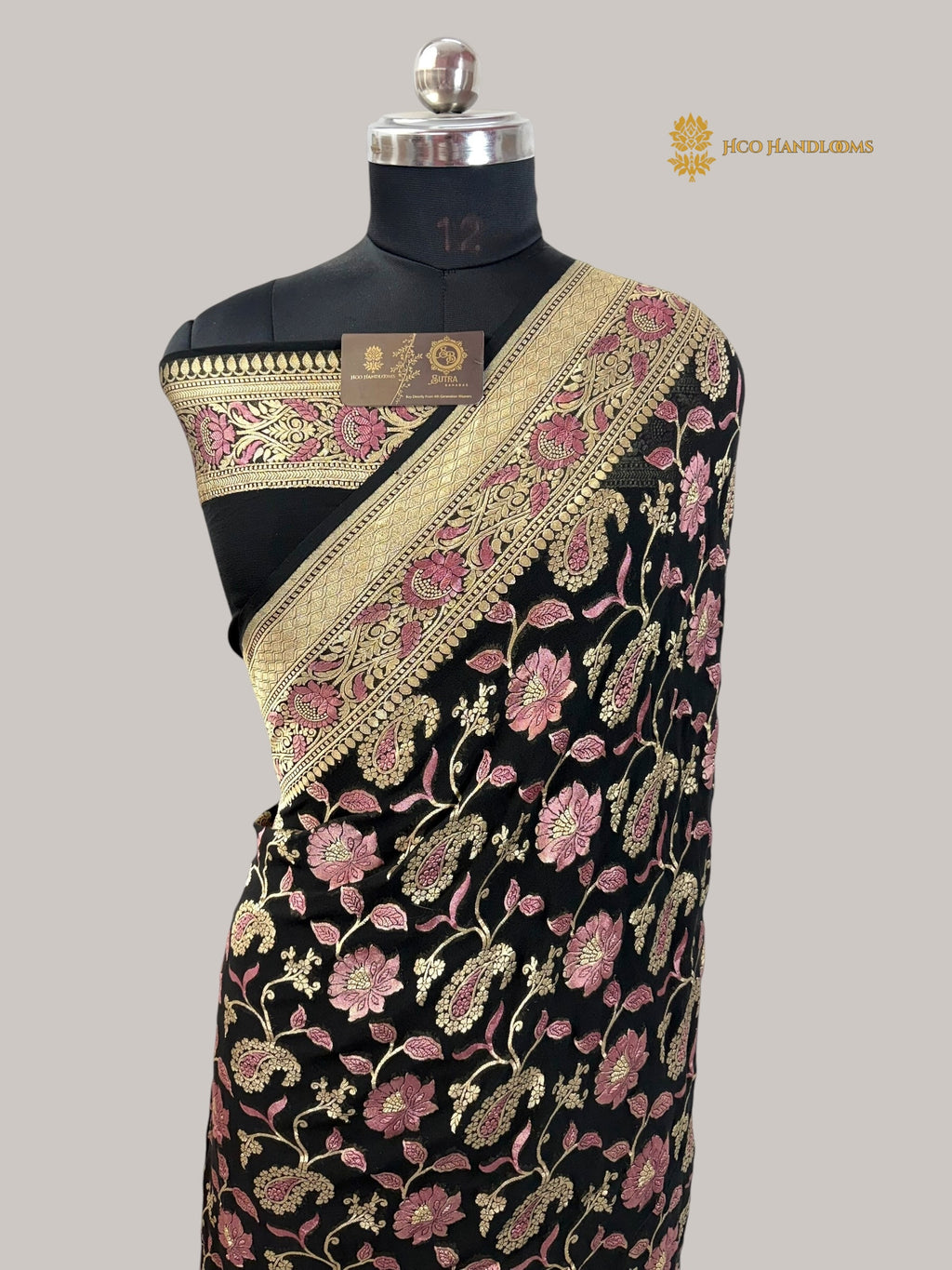 Black Pure Khaddi Georgette Silk Meenakari Handloom Banarasi Saree - Water Zari
