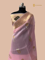 Baby Pink Pure Kora Silk Handloom Kadhua Banarasi Saree - All Over Floral Motifs
