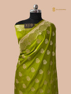 Regal Parrot Green Premium Mashru Katan Silk Banarasi Saree - All Over Floral Motifs