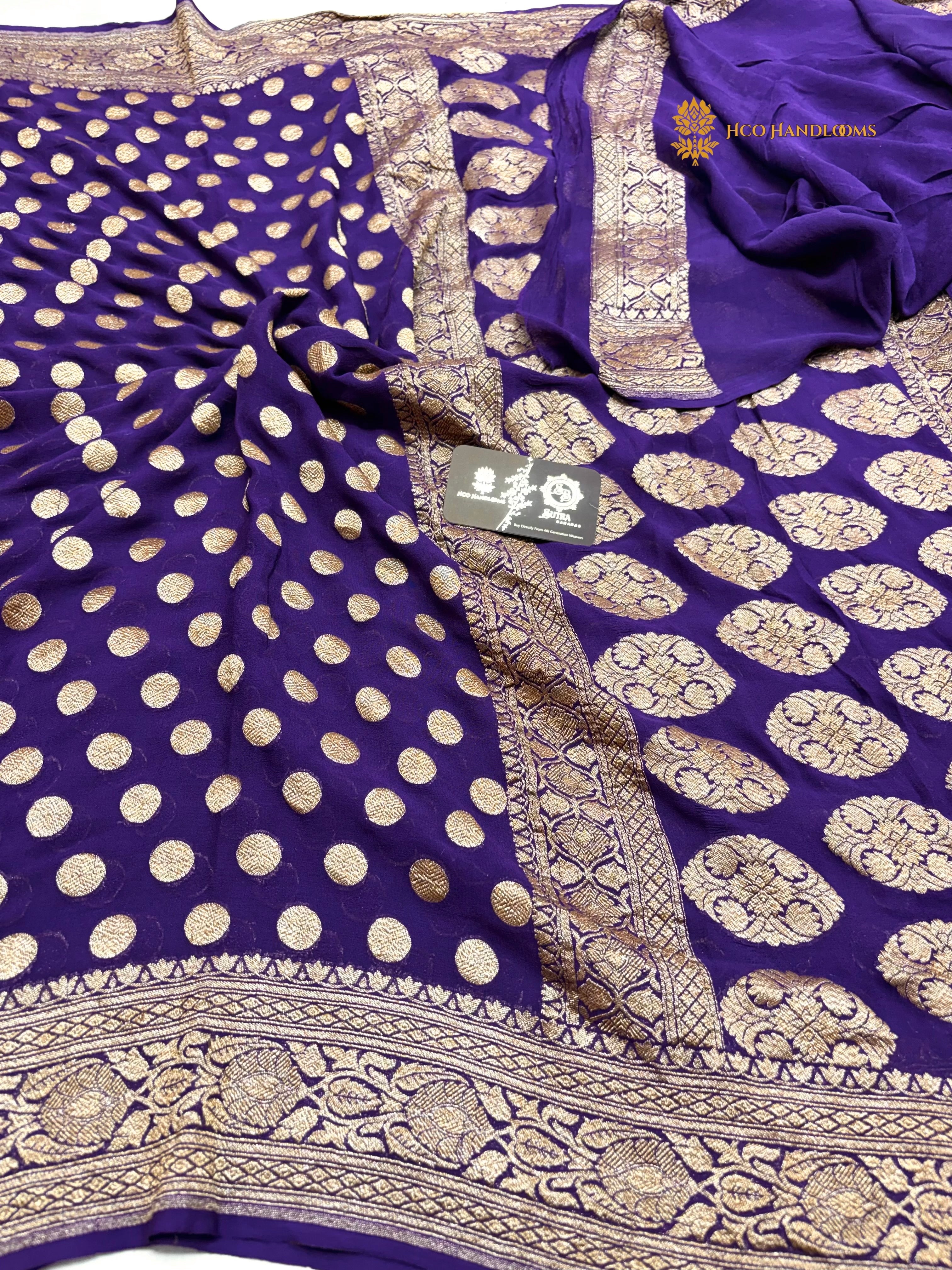 Purple Pure Khaddi Georgette Silk Handloom Banarasi Saree