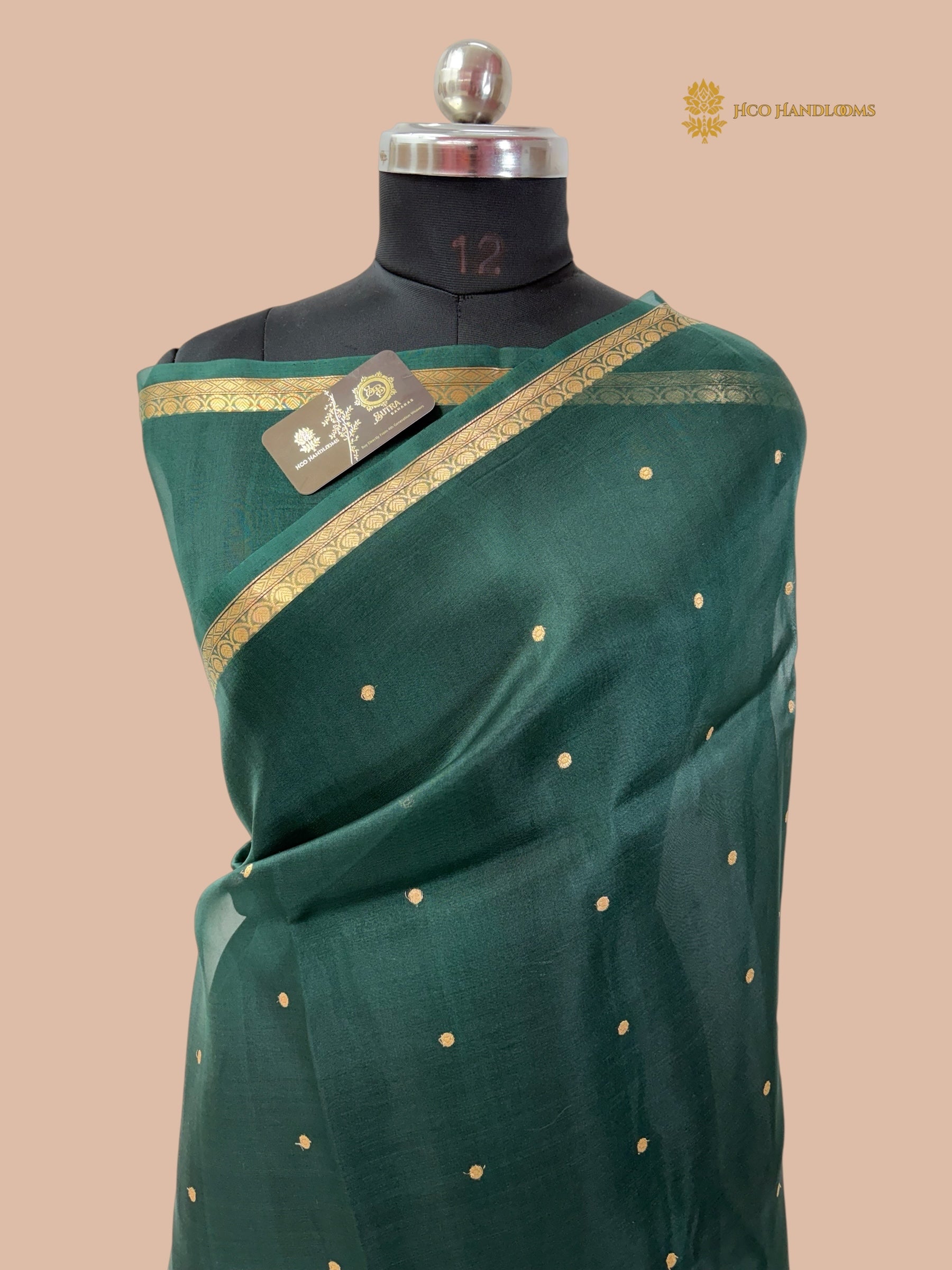 Regal Green Pure Kora Silk Handloom Banarasi Saree - All Over Small Buti