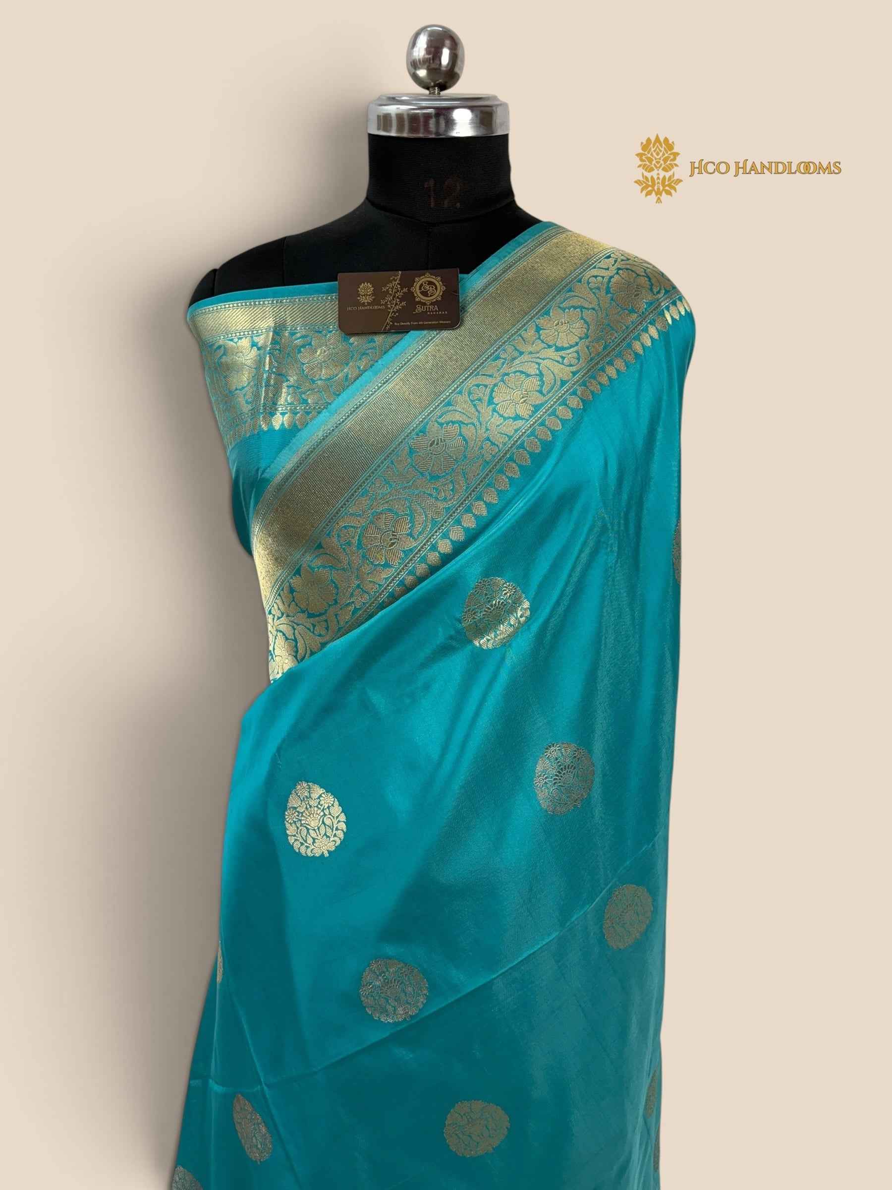 Light Blue Pure Katan Silk Handloom banarasi saree - All Over Kadhua Motifs