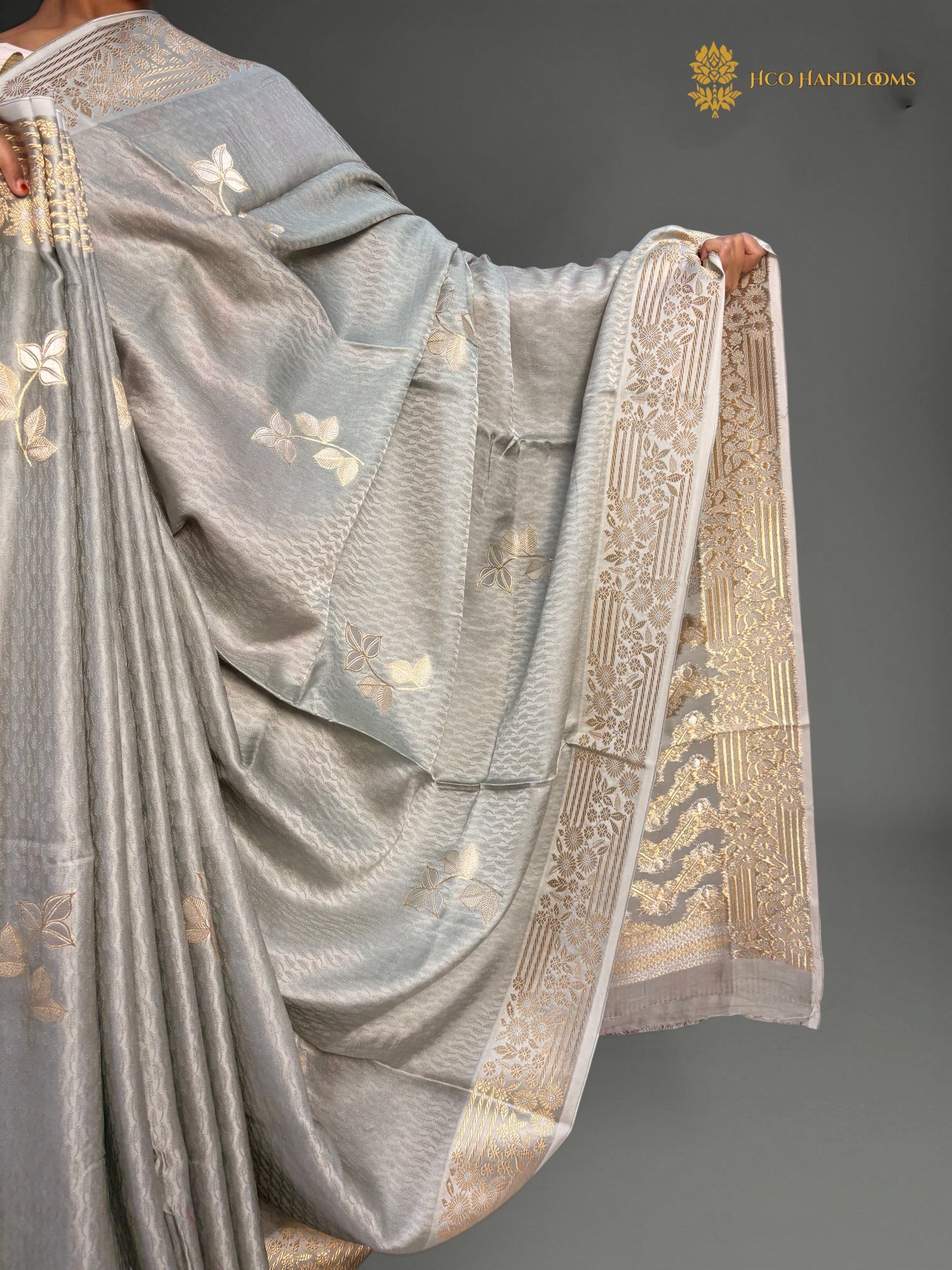 Premium Mashru Crepe Satin Silk Banarasi Saree - All Over Leafs Motifs