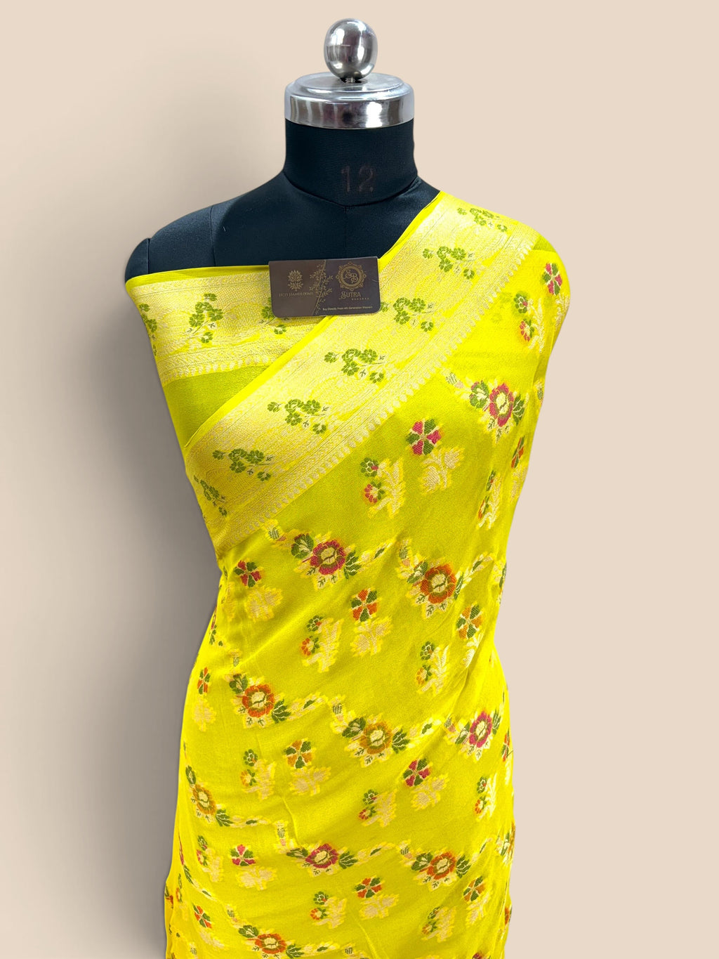Yellow Pure Khaddi Chiffon Silk Banarasi Saree - Floral Motifs