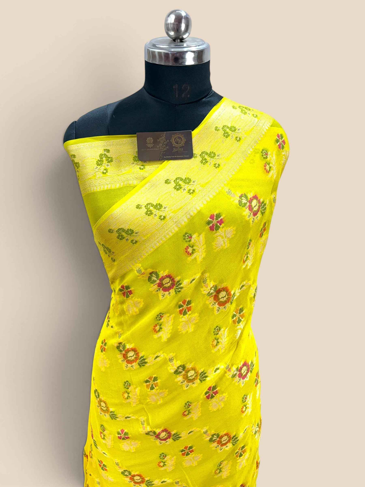 Yellow Pure Khaddi Chiffon Silk Banarasi Saree - Floral Motifs