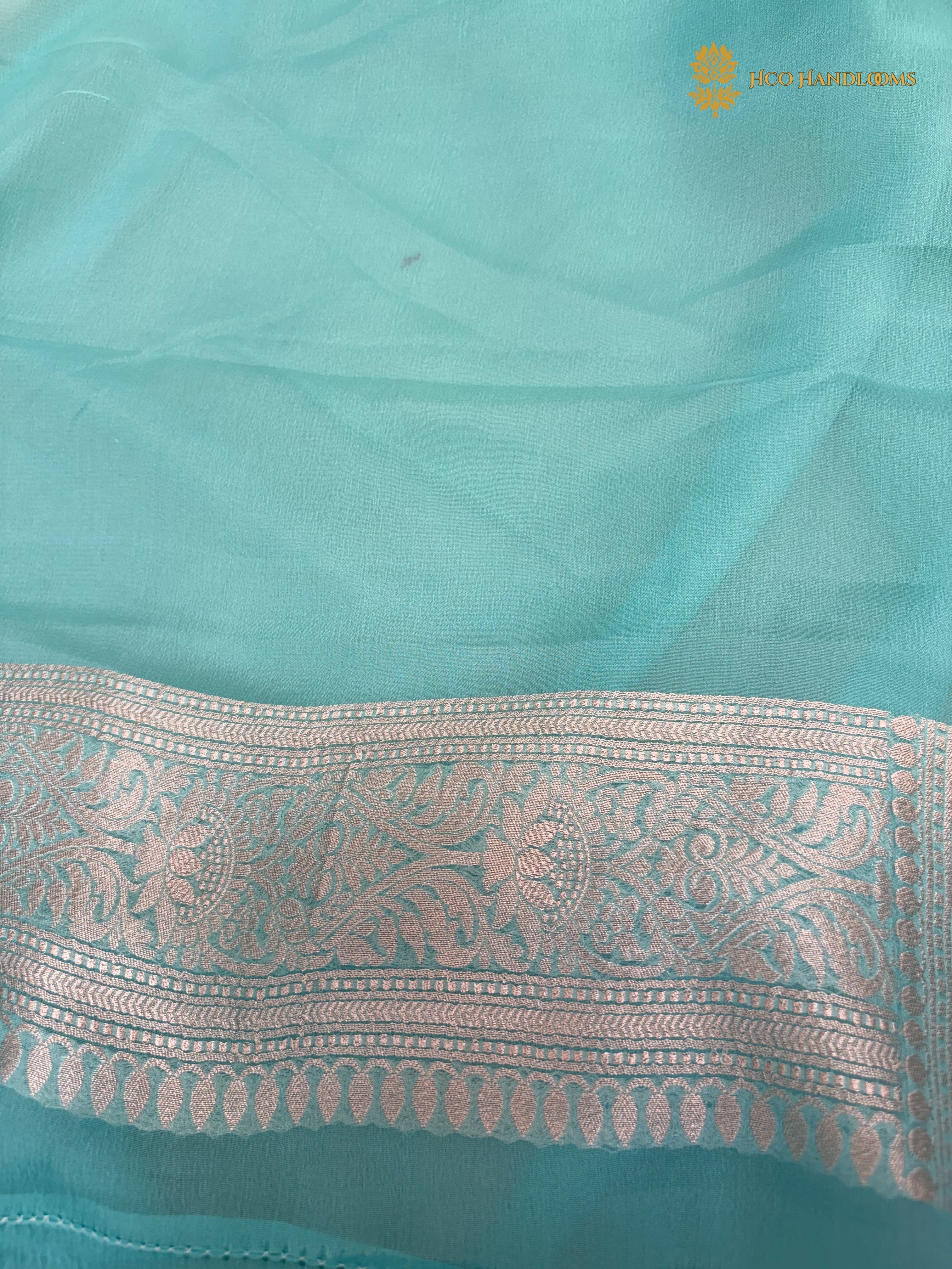 Pure Khaddi Georgette Silk Handloom Banarasi Saree With Royal Blue & Light Blue Contrast
