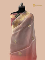 Half Ivory & Half Light Pink Pure Kora Silk Handloom Banarasi Saree - All Over Sona & Roopa Kadua Motifs