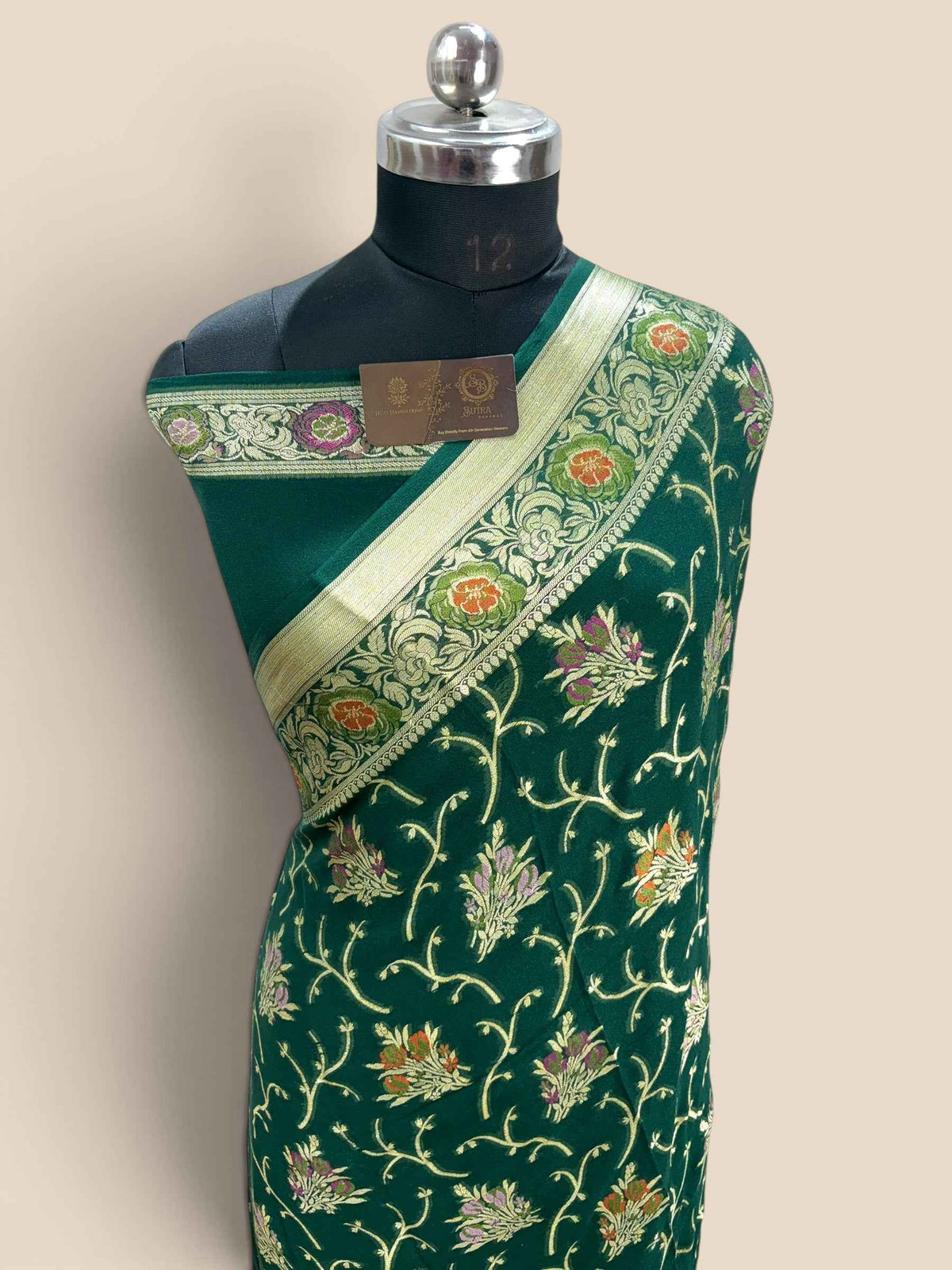 Green Pure Khaddi Chiffon Silk Banarasi Saree - Floral Vines Motifs