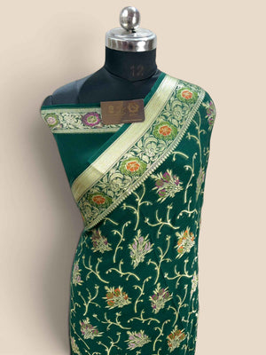 Green Pure Khaddi Chiffon Silk Banarasi Saree - Floral Vines Motifs