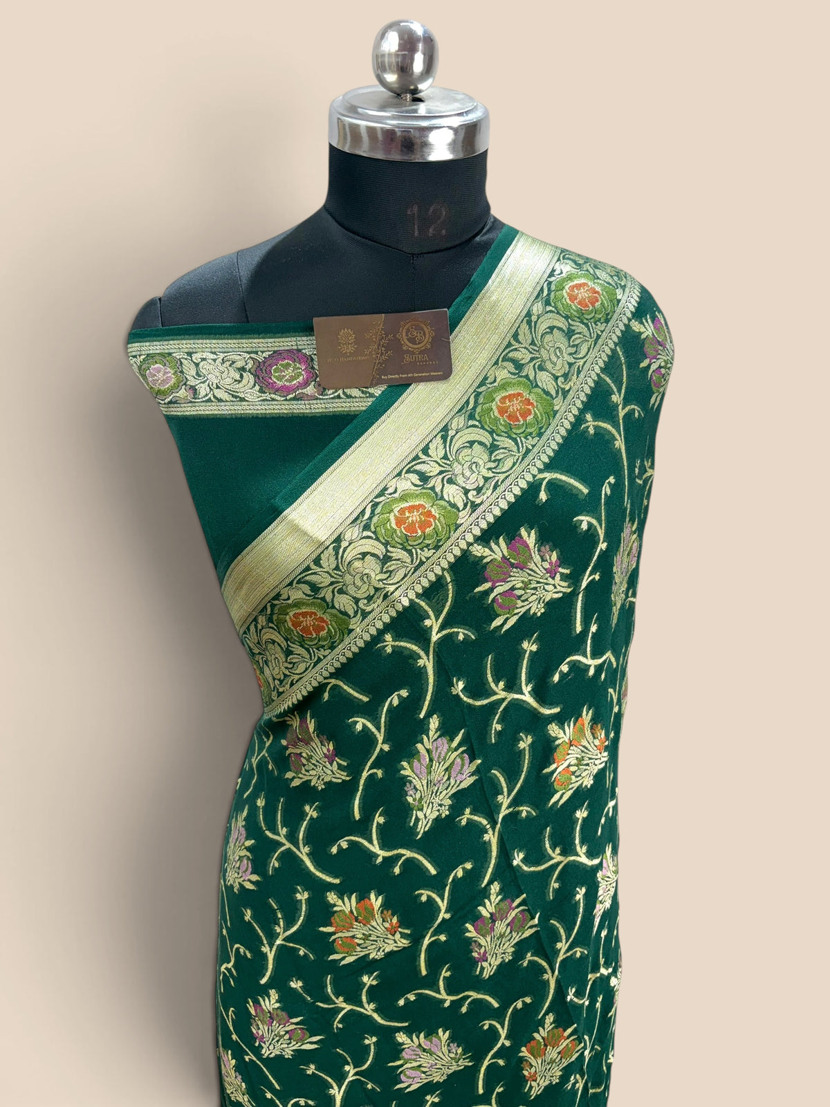 Green Pure Khaddi Chiffon Silk Banarasi Saree - Floral Vines Motifs