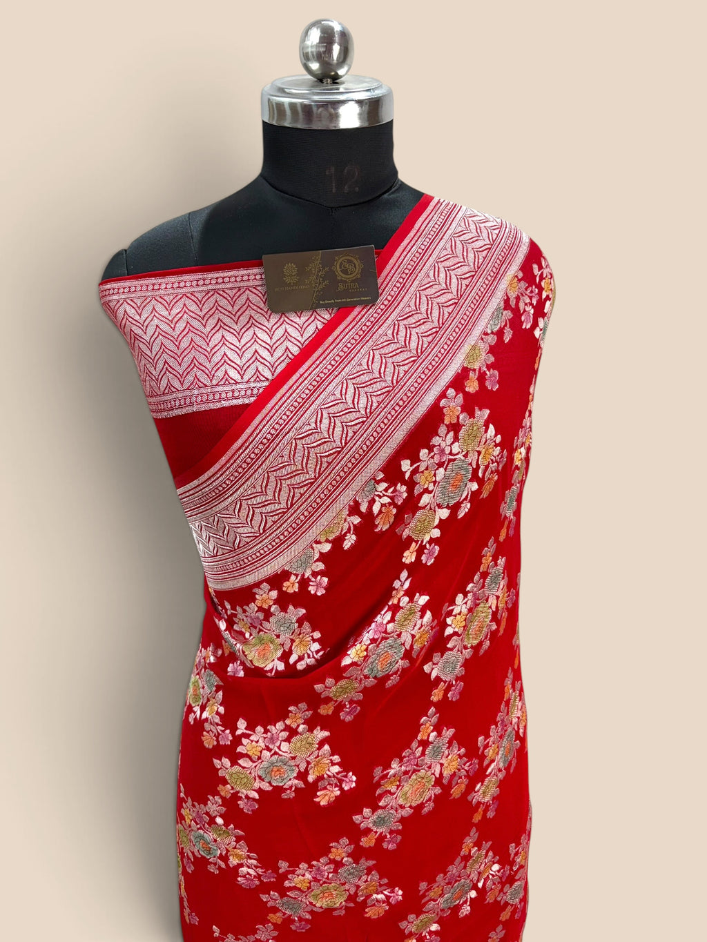 Red Pure Khaddi Georgette Silk handloom Banarasi Saree - Water Zari