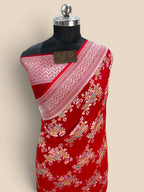 Red Pure Khaddi Georgette Silk handloom Banarasi Saree - Water Zari